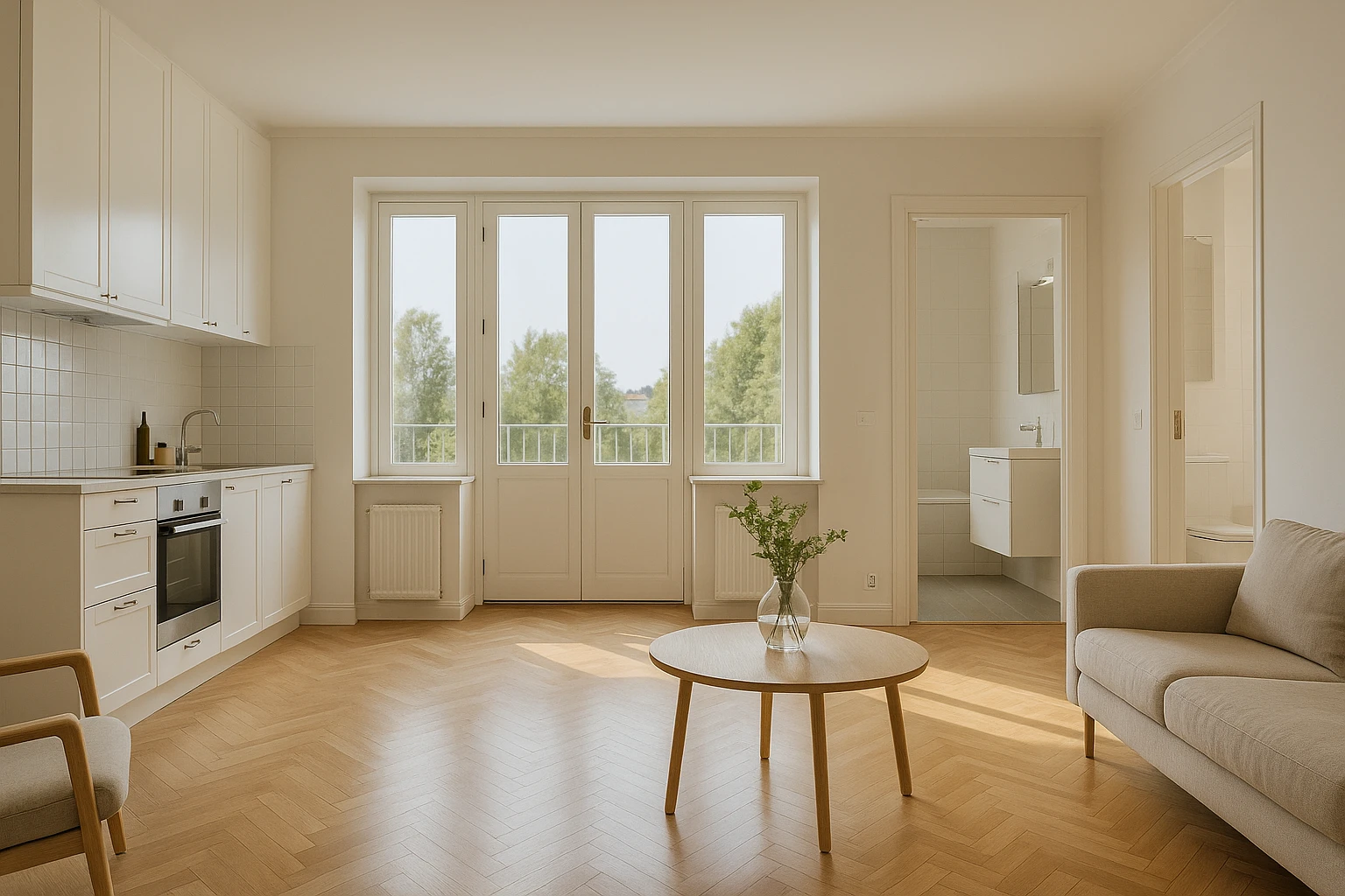 Flyttstadning villa i Sundbyberg med skinande fönster, rena golv och ljus skandinavisk interiör som visar resultatet av professionell stadtjanst.