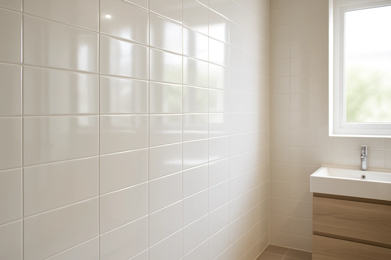 Ett modernt badrum med glansigt kakel som reflekterar dagsljus, resultatet efter att polera kakel för rena och blanka ytor.