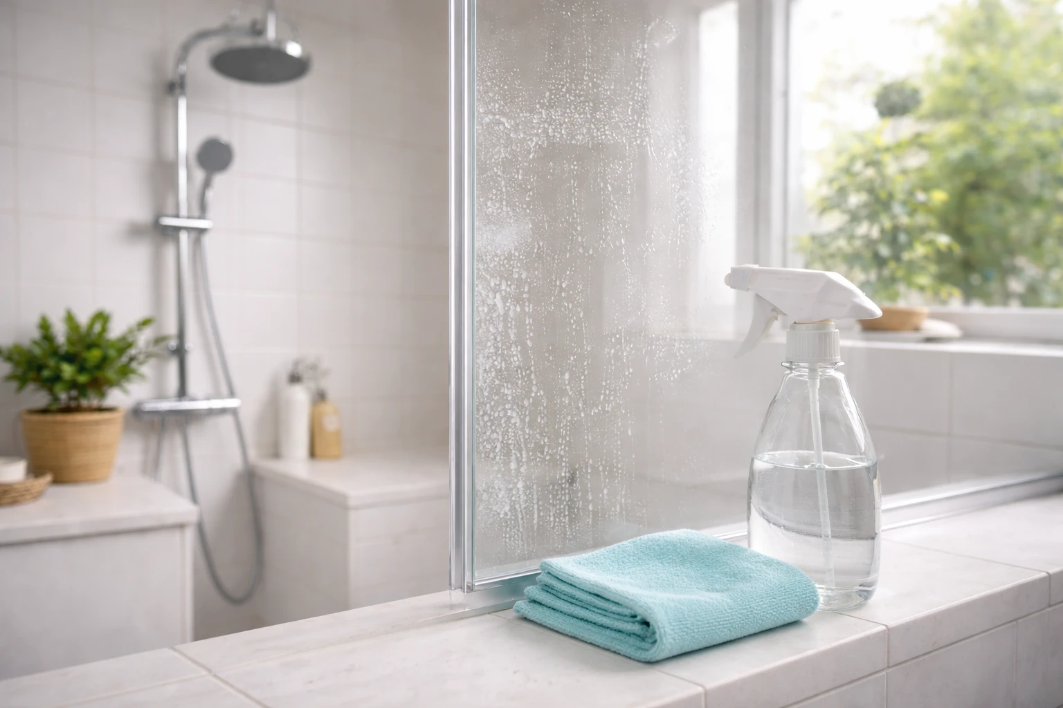 person som rengor duschvaggar med attika och mikrofiberduk i badrum