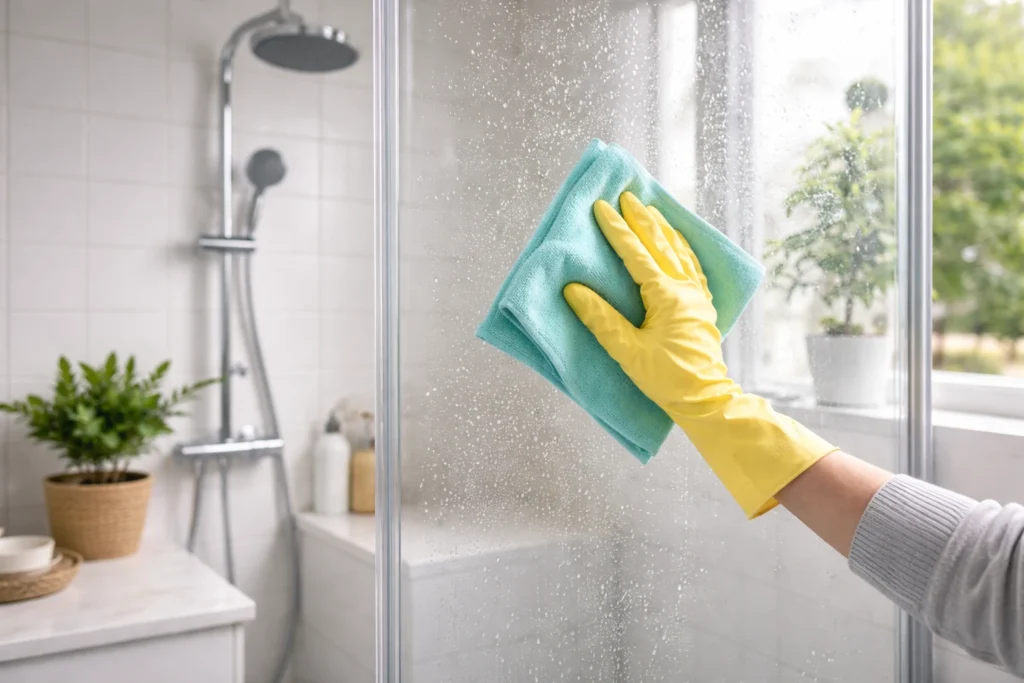 Person som rengör duschväggar av glas i ett modernt badrum med mikrofiberduk