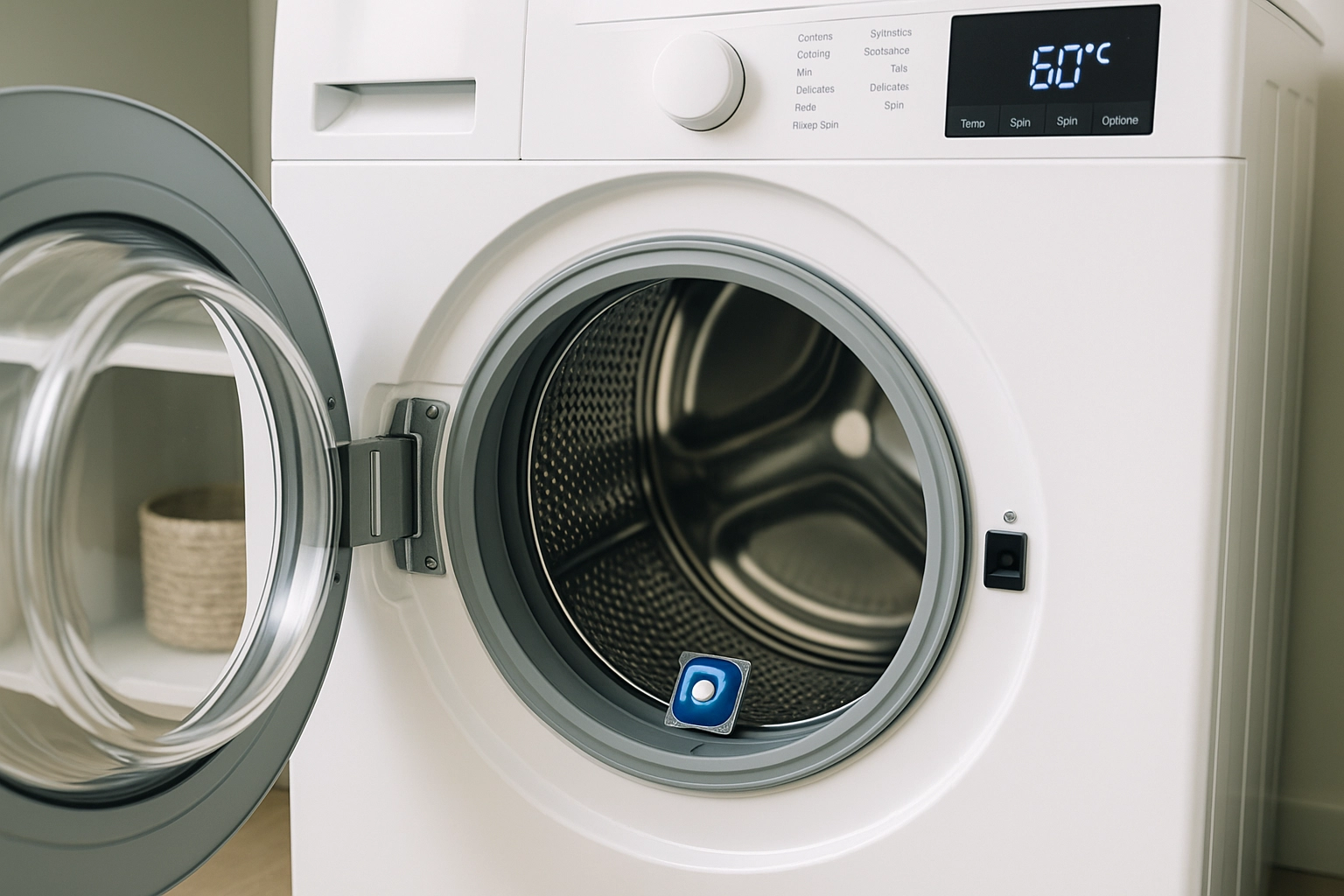 Trumrengöring i tvättmaskin med rengöringsmedel – kapsel i trumman redo för högtemperaturprogram.