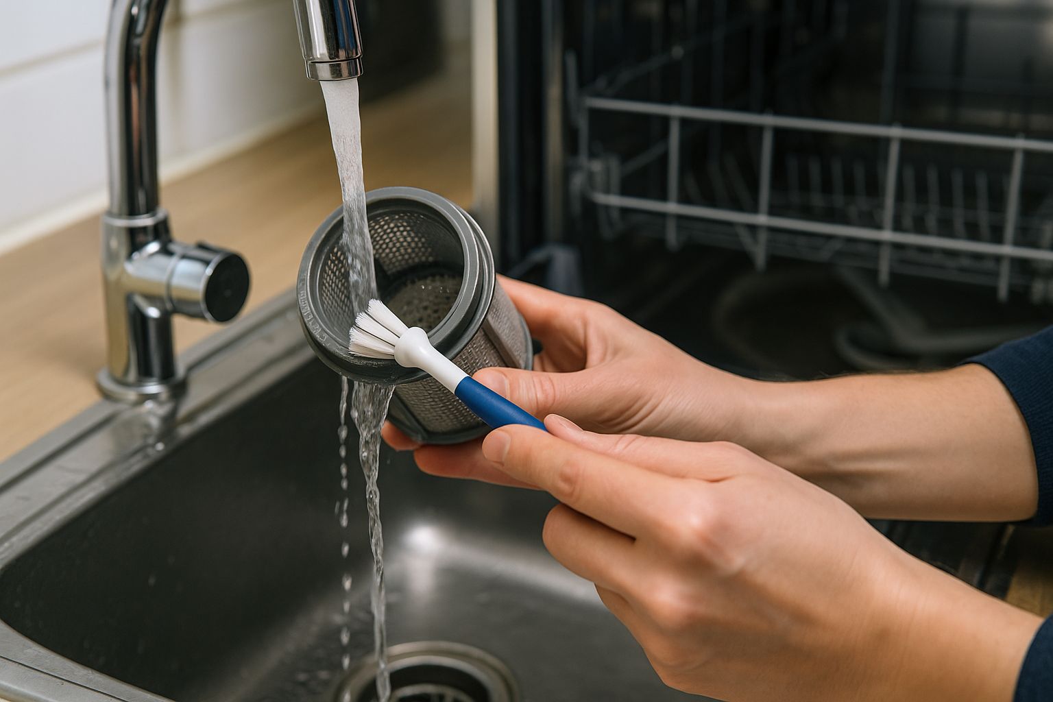 Rengör filter i diskmaskin under rinnande varmt vatten med borste – första steget för att ta bort mögel