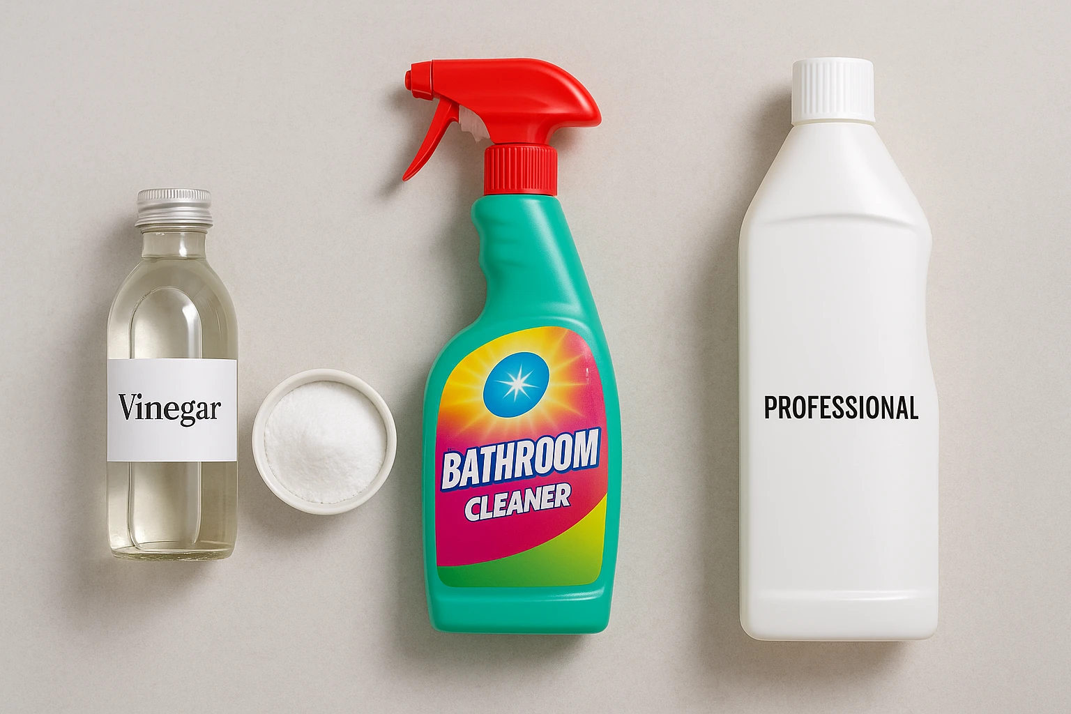 Jämförelse av rengöringsmedel för kakel i badrum: hushållsprodukter, butiksspray och professionella alternativ på ett bord