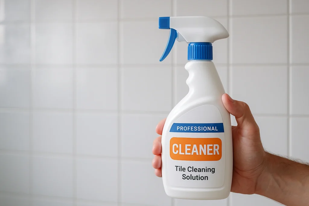 Närbild på professionellt rengöringsmedel för kakel i badrum, med en hand som håller flaskan framför blanka kakelplattor