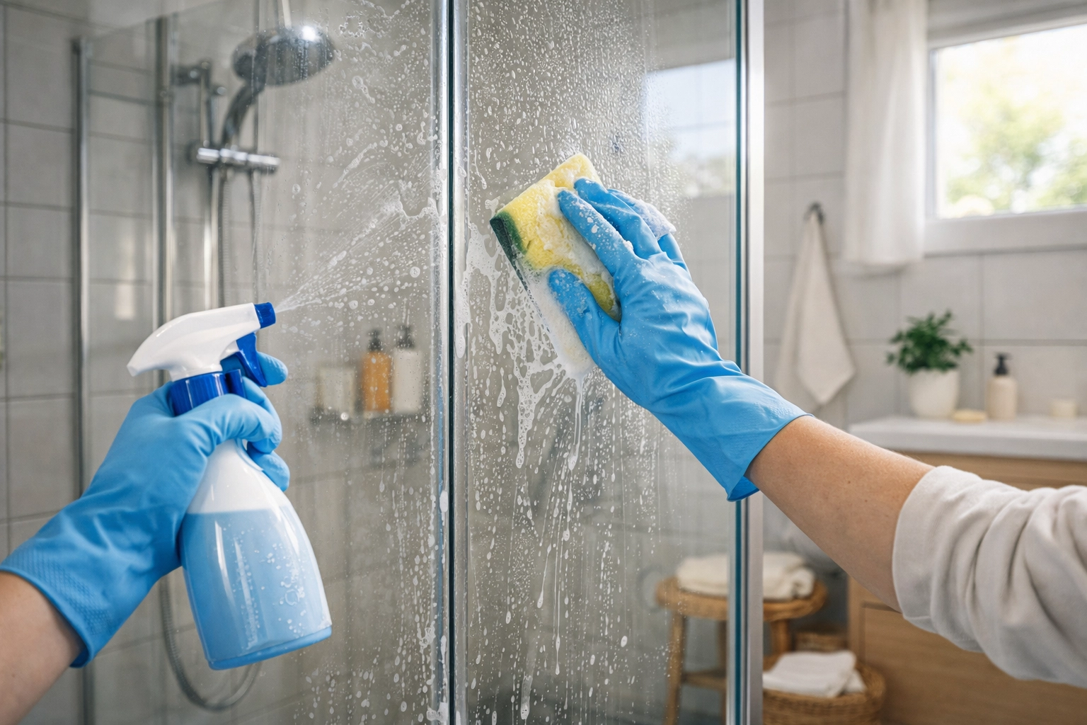 Rengöra duschkabin steg för steg – person som rengör dusch med svamp och rengöringsmedel i modernt badrum