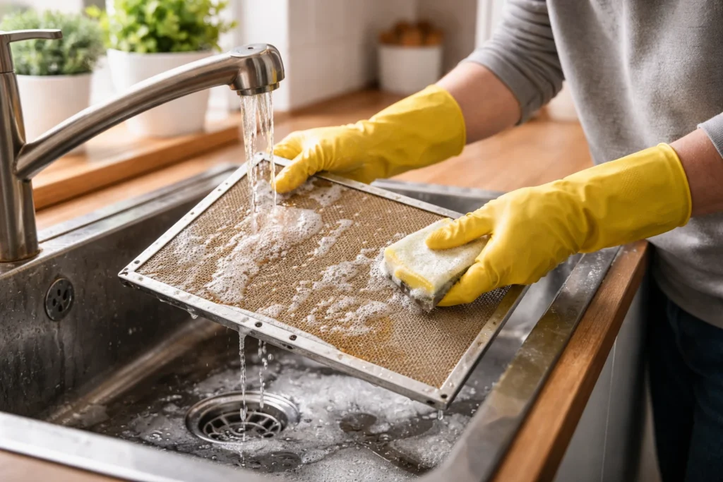 Rengöra fläktfilter i köket genom att tvätta ett fett filter från köksfläkt i diskhon