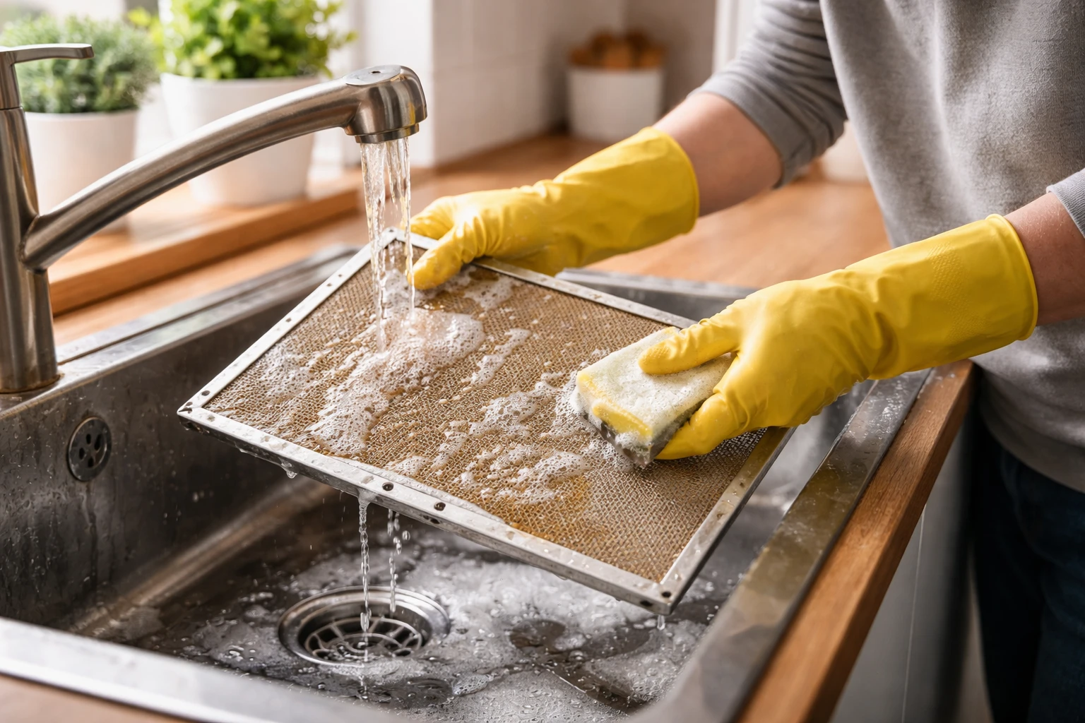 Rengöra fläktfilter i köket genom att tvätta ett fett filter från köksfläkt i diskhon