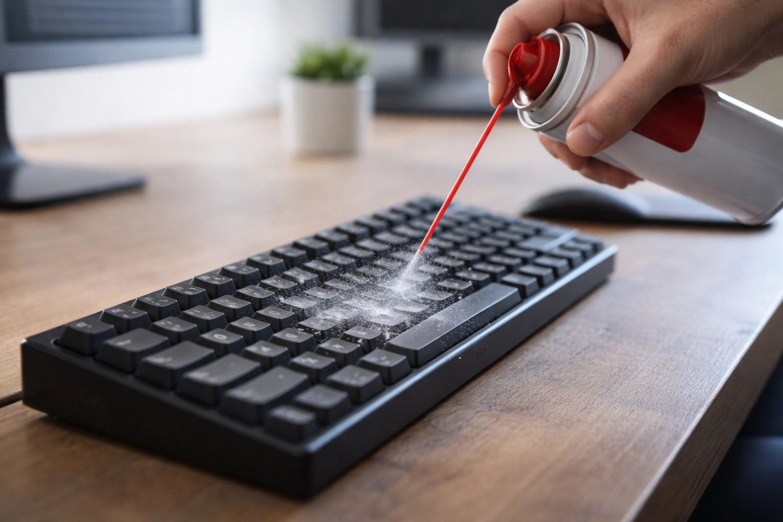 Rengöring av tangentbord med tryckluft – damm och smuts blåses bort mellan tangenterna
