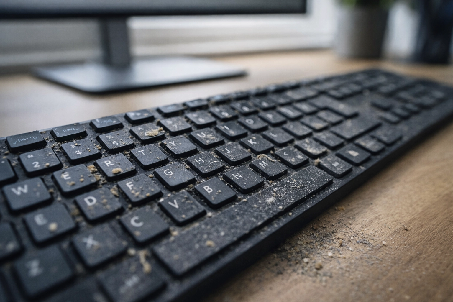 Smutsigt tangentbord med damm och smulor mellan tangenter – rengöring av tangentbord före städning
