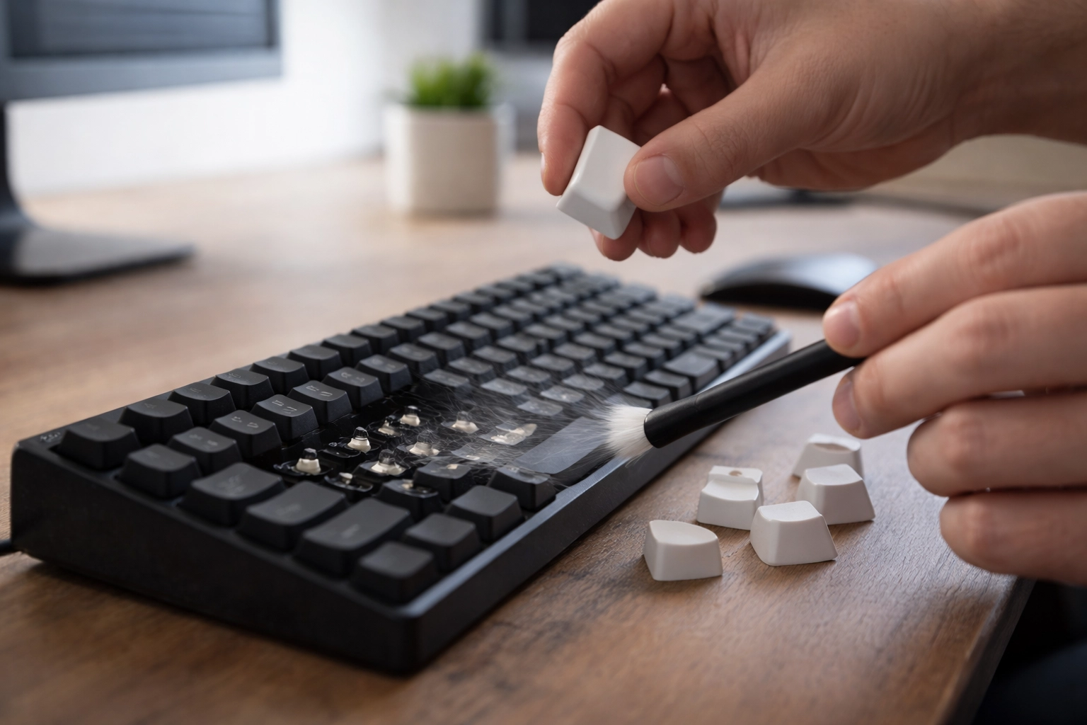 Djup rengöring av tangentbord med borttagna tangenter – rengöring under keycaps för att ta bort damm och smuts