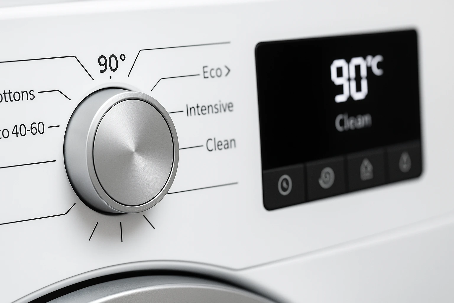 Display på tvättmaskin som visar inställning för 90-gradersprogram – viktigt steg i rengöring av tvättmaskin för att avlägsna bakterier och smuts