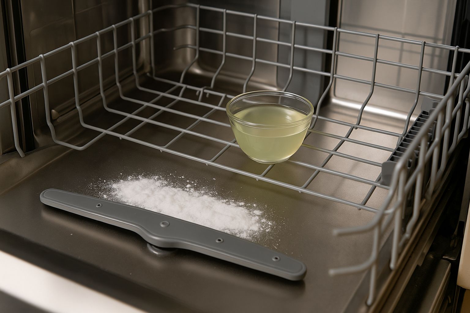 Kör ett rengöringsprogram med ättika i överkorgen och bikarbonat i botten – ta bort mögel och dålig lukt i diskmaskin