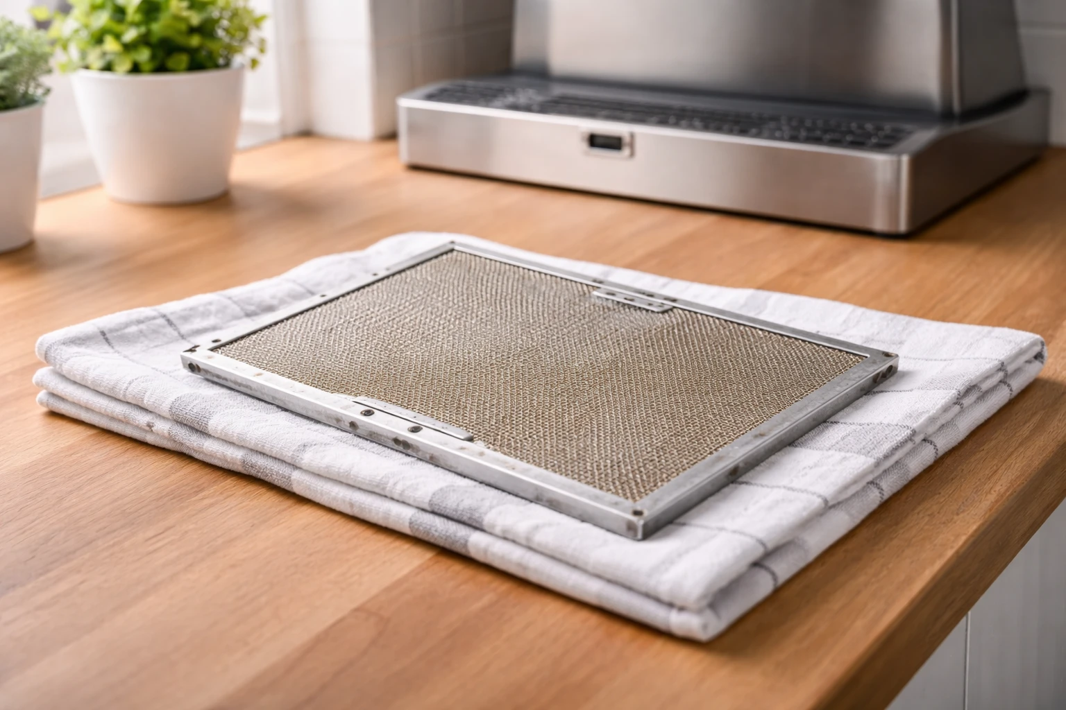 Rent fläktfilter som torkar på köksbänken innan det monteras tillbaka i köksfläkten