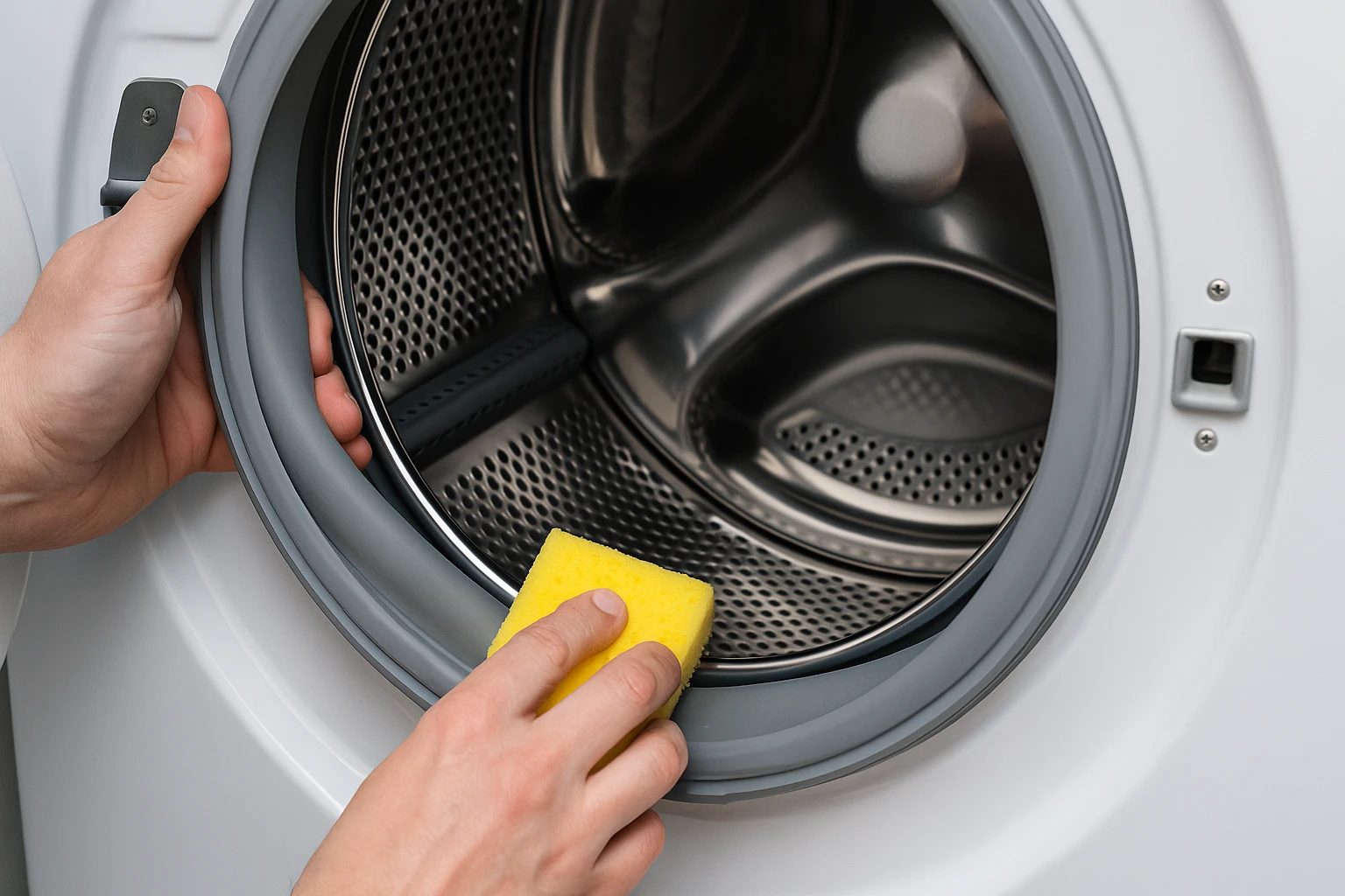 Person som rengör en tvättmaskin med trasa och vinäger – steg för steg rengöring av tvättmaskin för att ta bort smuts, kalk och dålig lukt