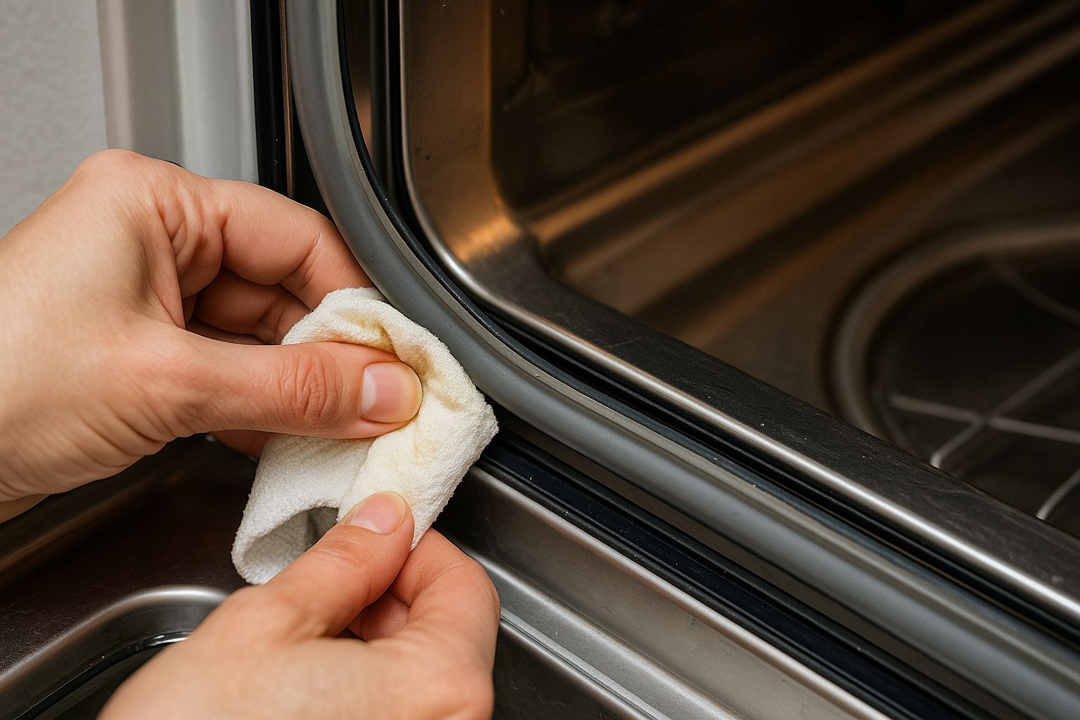 Torka diskmaskinens gummilist med ättiksvatten – avlägsna mögel i trånga hörn och tätningar