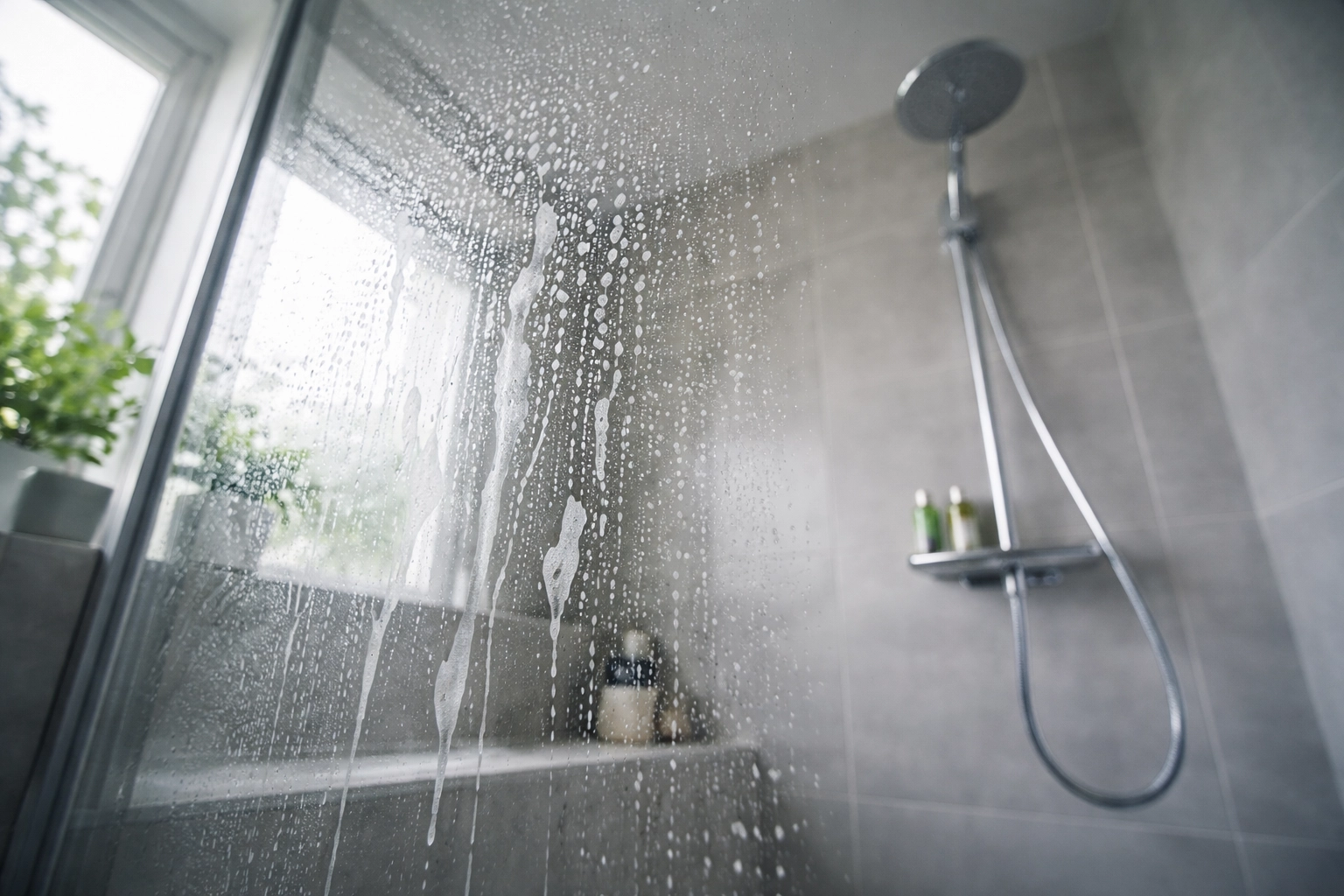 Kalkavlagringar på duschdörrar i glas i badrum – vattenfläckar och smuts som byggts upp över tid