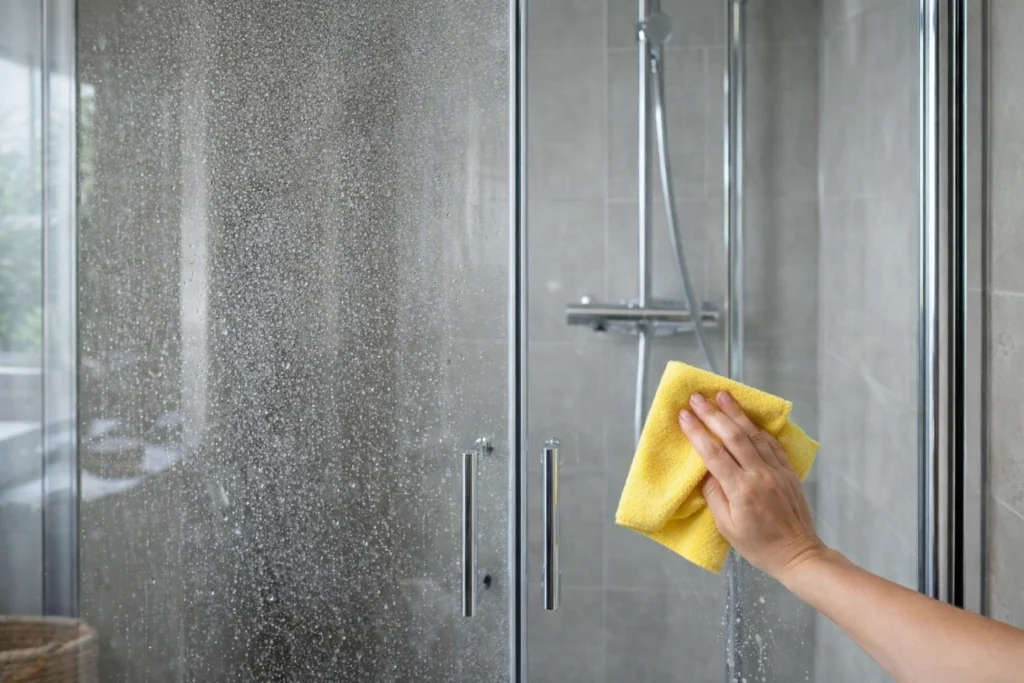 Rengöra duschdörrar i glas – rengöring av duschdörrar med kalk och vattenfläckar i badrum