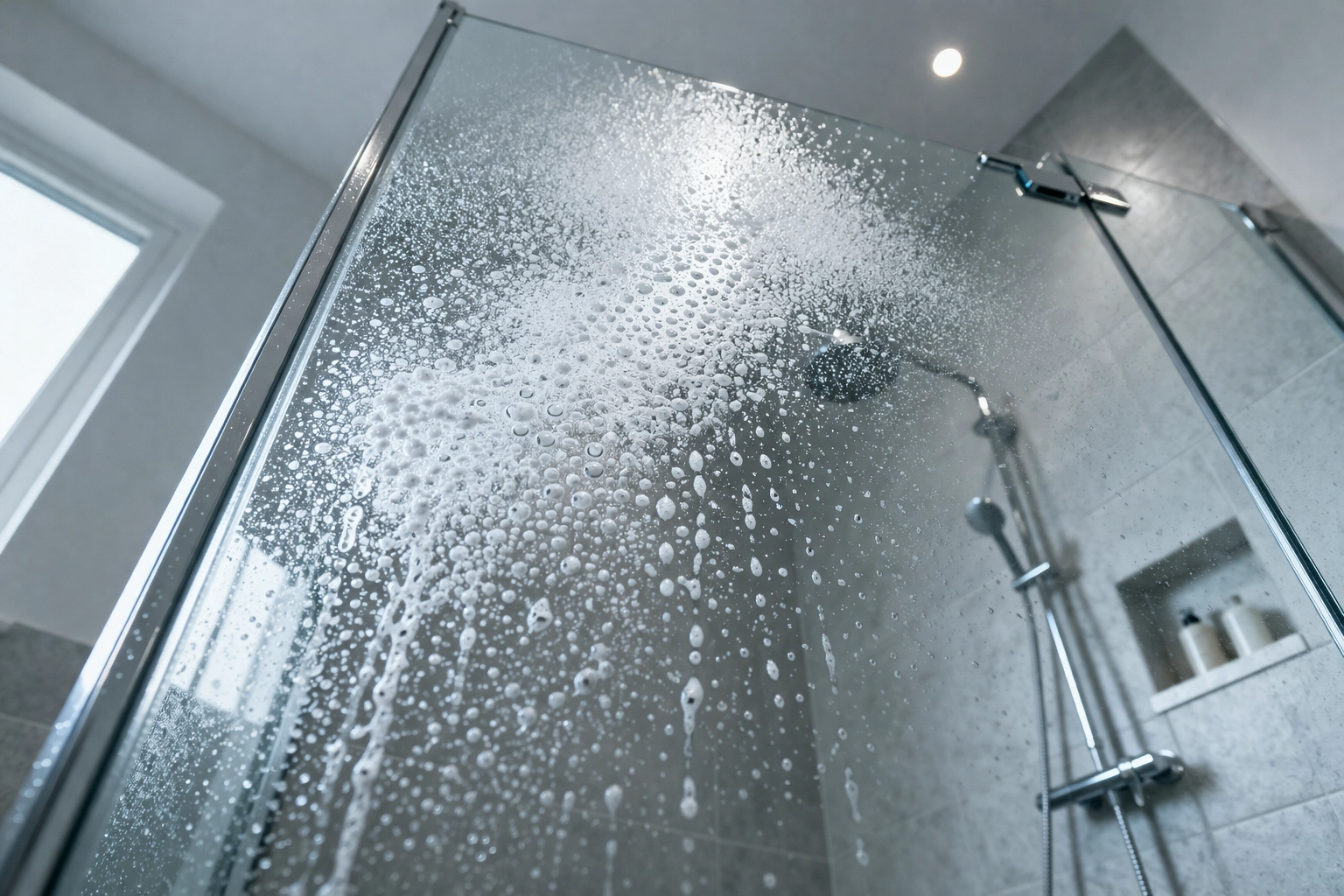 Duschdörr i glas med rengöringsspray – rengöring av duschdörrar med kalk och vattenfläckar