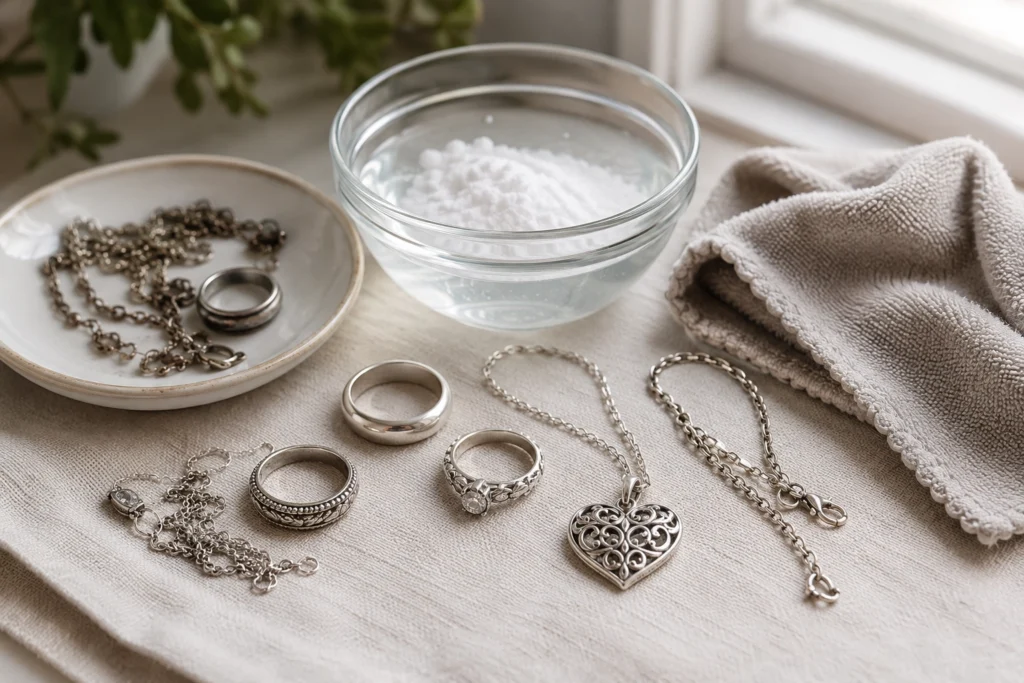 Rengöra silversmycken hemma med bakpulver och mjuk trasa