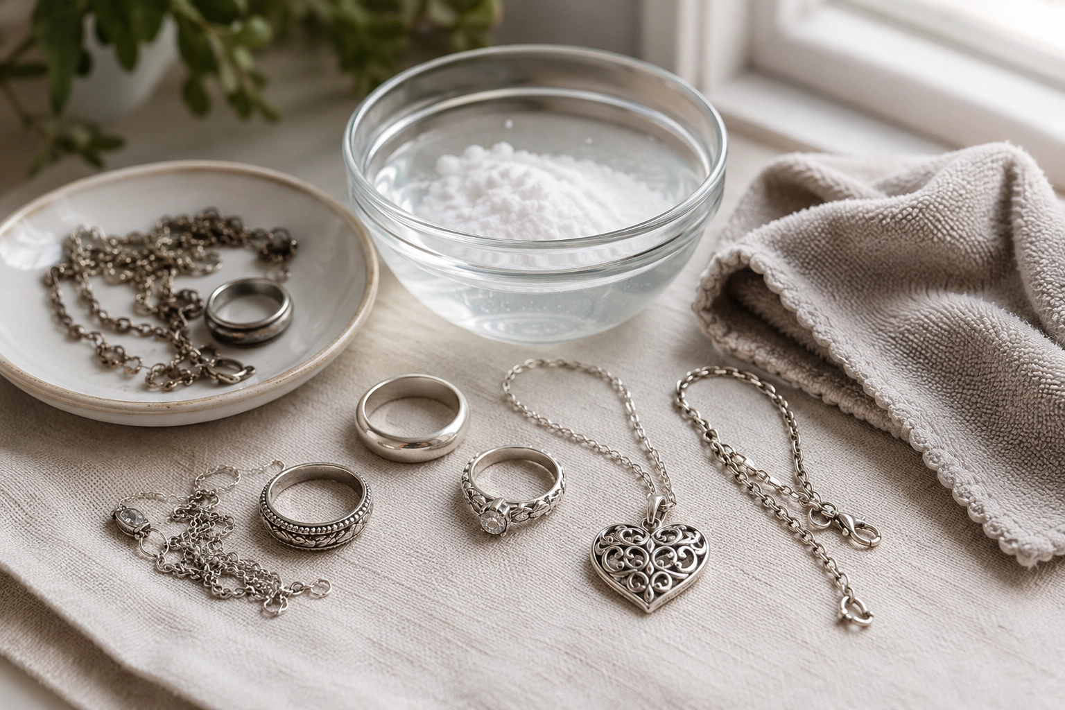 Rengöra silversmycken hemma med bakpulver och mjuk trasa