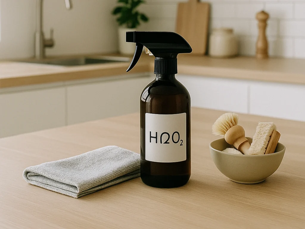 Mörk sprayflaska märkt H2O2 på en köksbänk, tillsammans med mikrofiberduk och rengöringsborstar – illustrerar väteperoxid vid städning i ett skandinaviskt hem.
