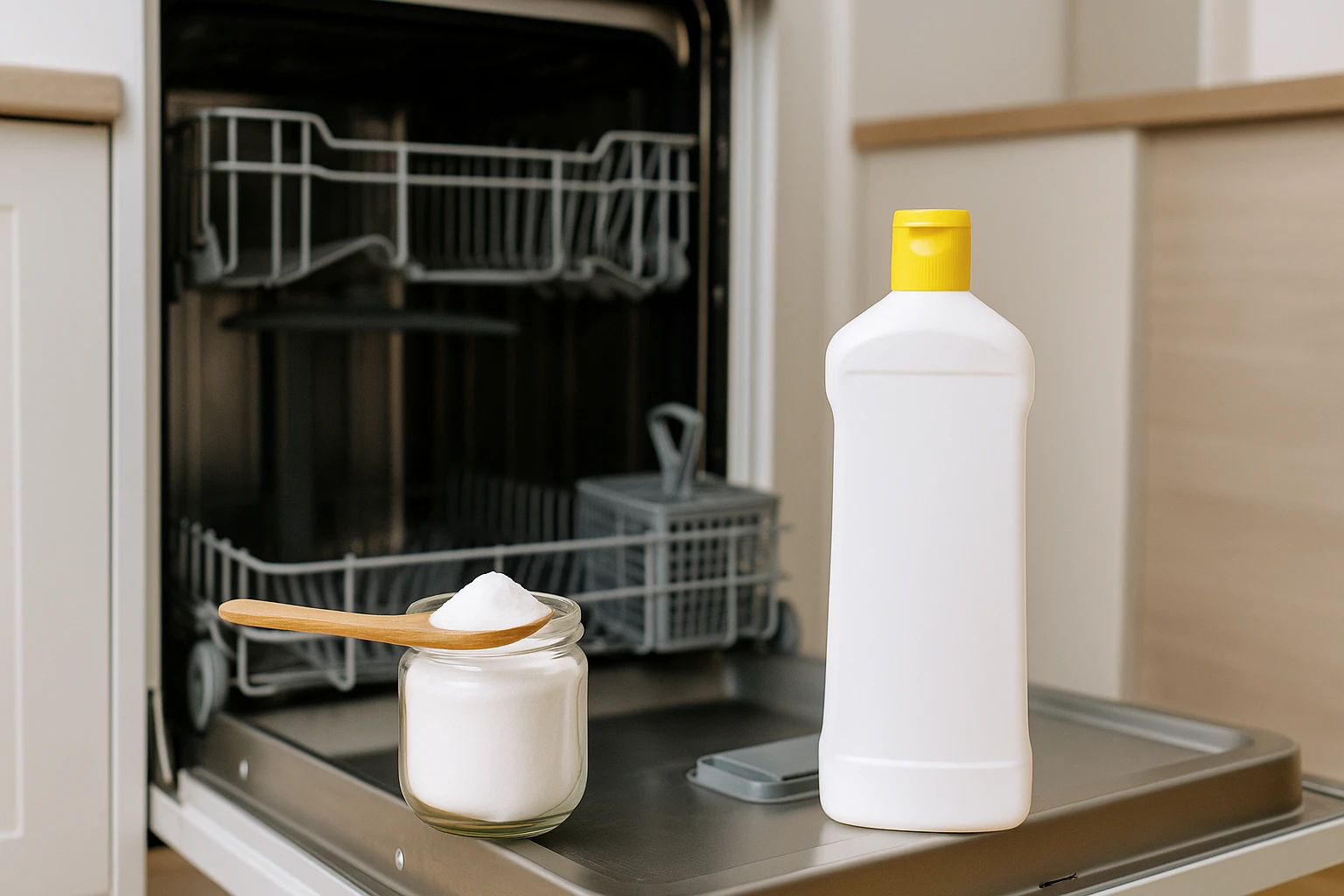 Jämförelse mellan bikarbonat och butiksköpt rengöringsmedel framför en öppen diskmaskin i ett ljust kök.