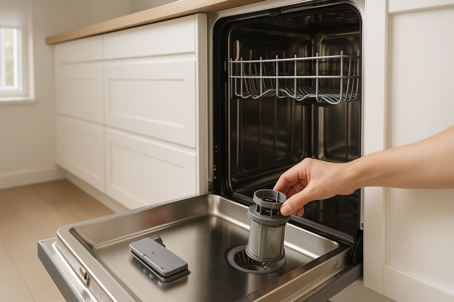 En öppen diskmaskin med luckan på glänt och filter som tas ut för rengöring.