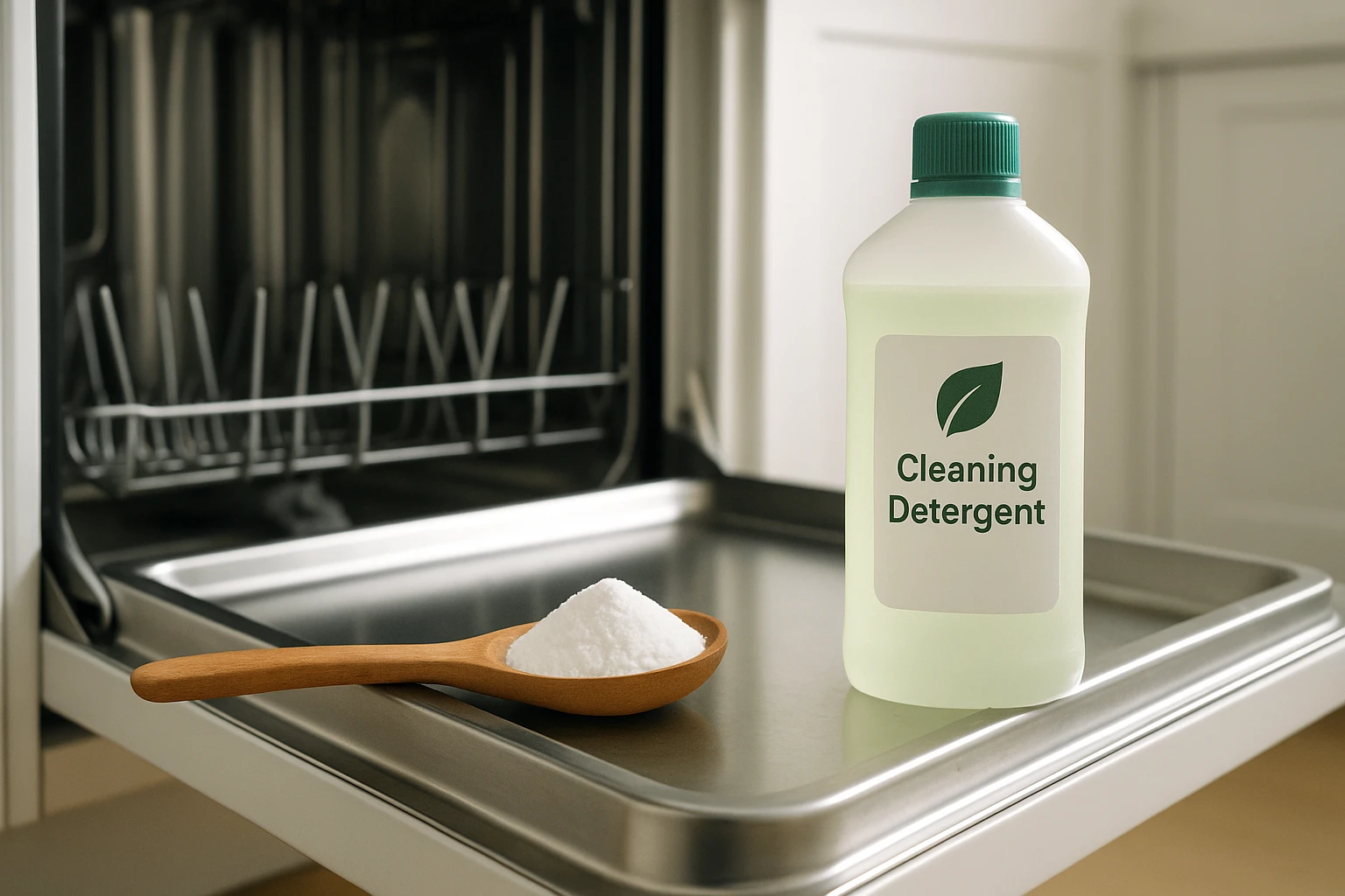 Närbild av en diskmaskin som rengörs med bikarbonat och ett milt rengöringsmedel i ett ljust svenskt kök.