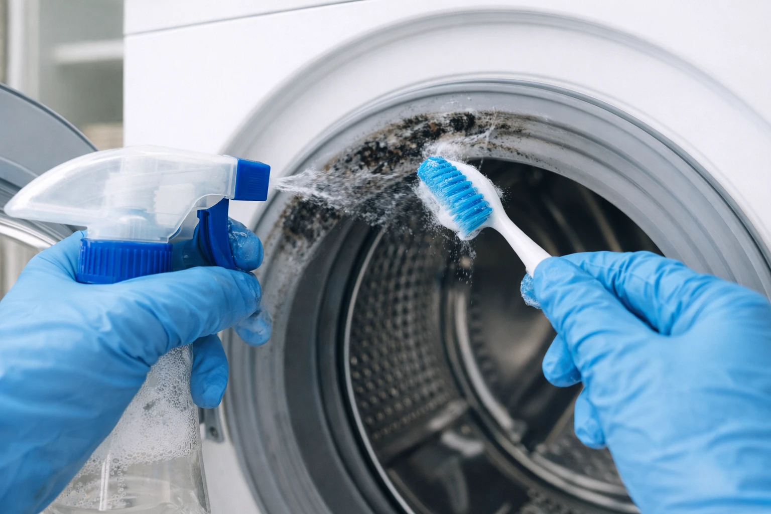 Rengöra mögel i tvättmaskinens gummibälg med klorin – steg för steg med hand och tandborste