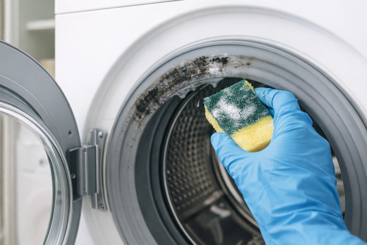Rengöra mögel i tvättmaskin med klorin – hand med svamp vid gummitätning