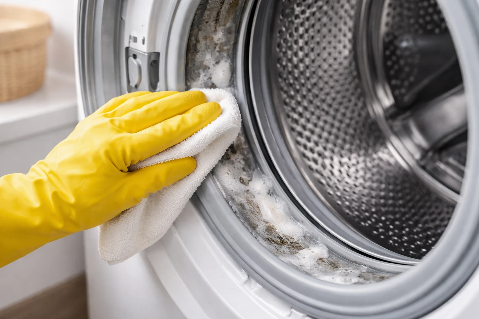 Närbild av rengöring av gummibälg i tvättmaskin – borttagning av smuts och mögel från packningen