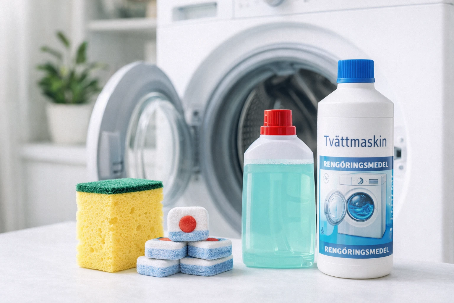 Olika rengöringsmedel och hushållsprodukter för tvättmaskin placerade framför en modern tvättmaskin