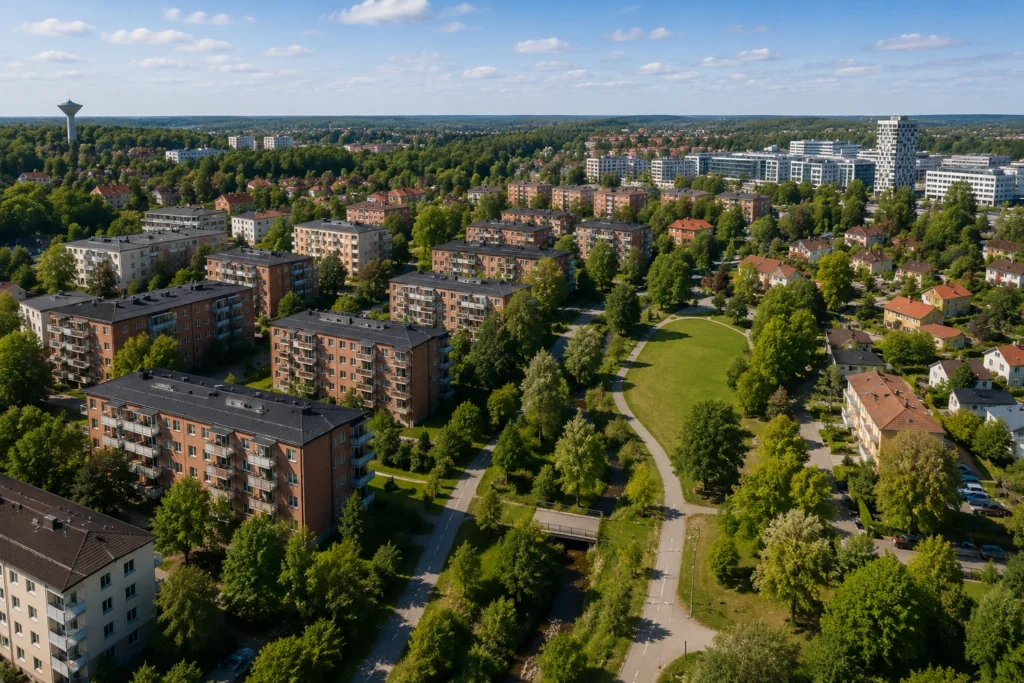 Flygvy över ett bostadsområde i Huddinge där Kristall Service erbjuder professionell flyttstädning för lägenheter, villor och radhus.