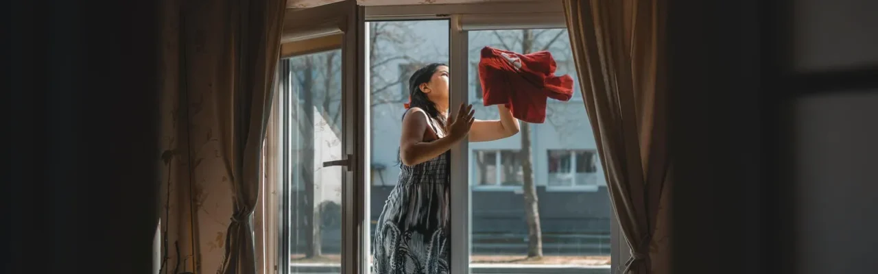 En kvinna tvättar fönster under vårstädningen